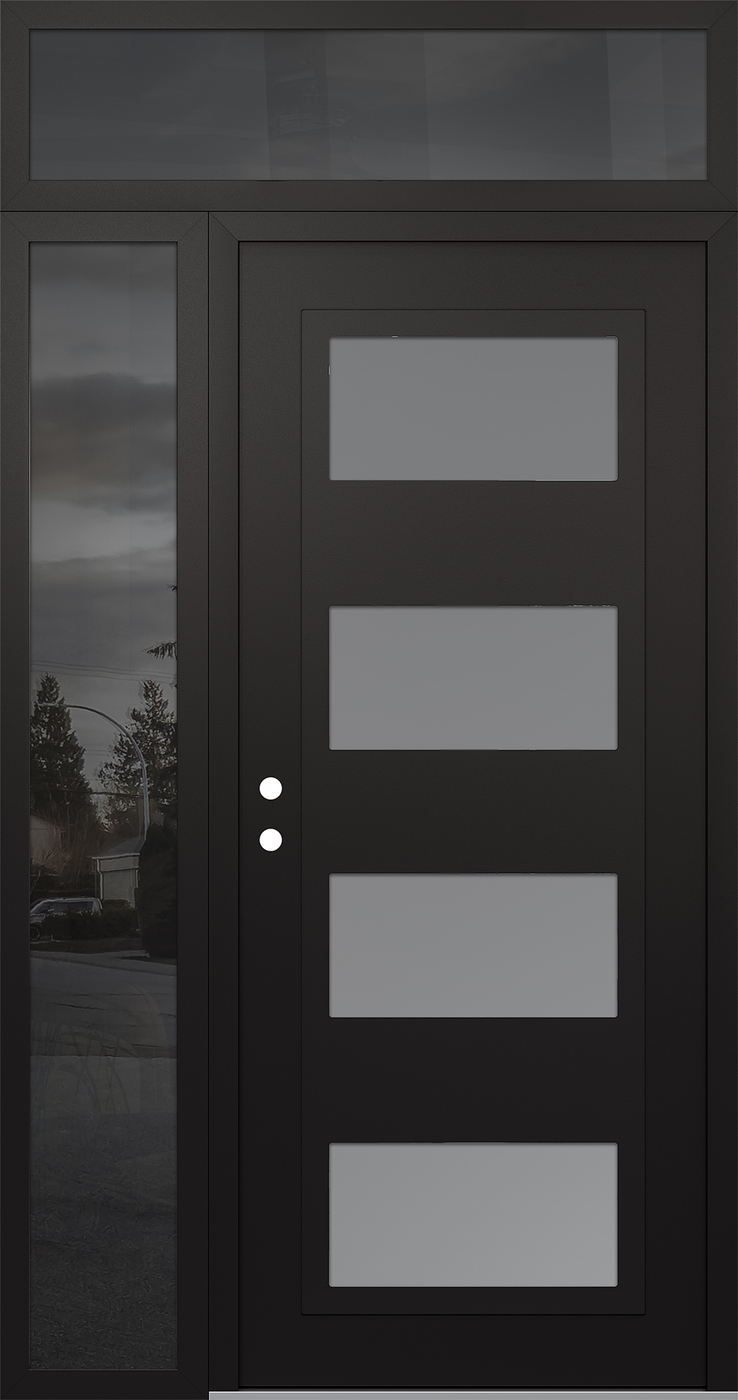 Modern Steel Front Door Diamond C2 52" x 96" black/white frosted Glass Panel black RHI with Sidelite and Transom mirrored Glass
