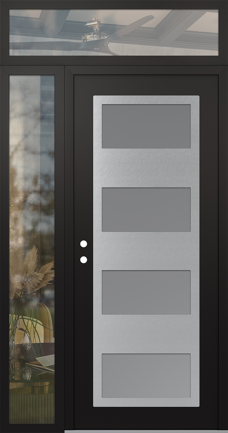 Modern Steel Front Door Diamond C2 52" x 96" black/white frosted Glass Panel stainless steel RHI with Sidelite and Transom clear Glass