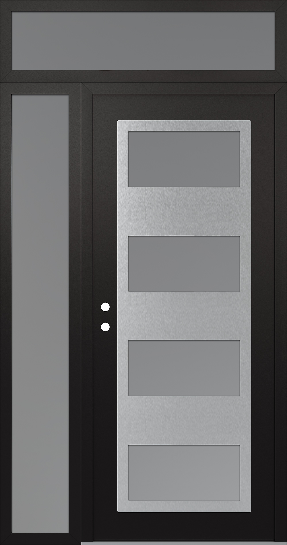 Modern Steel Front Door Diamond C2 52" x 96" black/white frosted Glass Panel stainless steel RHI with Sidelite and Transom frosted Glass