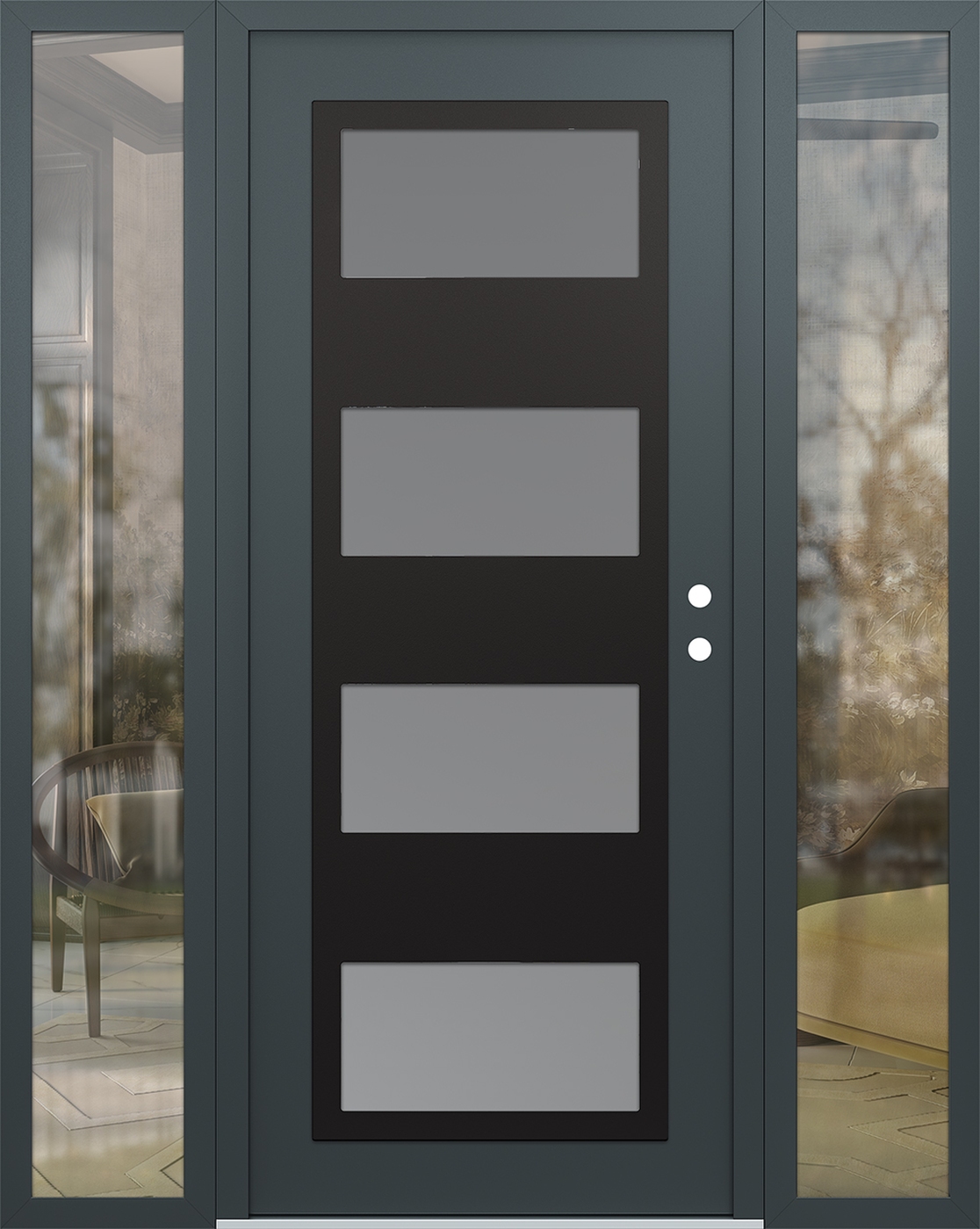 Modern Steel Front Door Diamond C2 60" x 80" anthracite/anthracite frosted Glass Panel black LHI with 2 Sidelites clear Glass