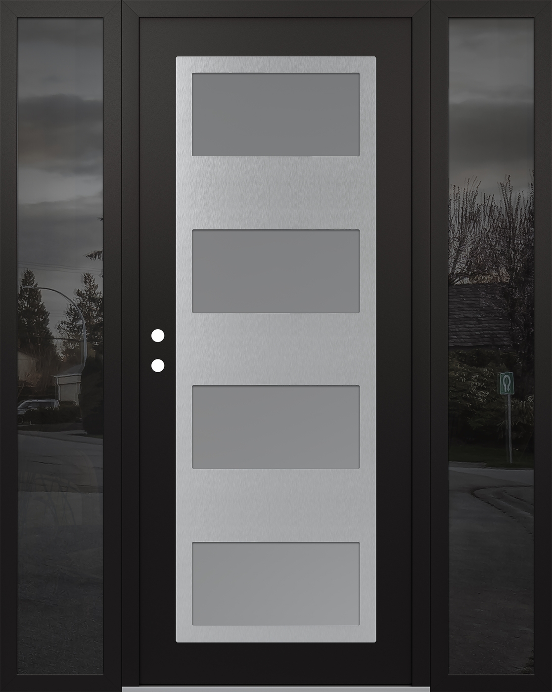 Modern Steel Front Door Diamond C2 60" x 80" black/white frosted Glass Panel stainless steel RHI with 2 Sidelites mirrored Glass