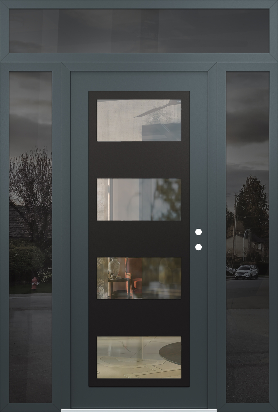 Modern Steel Front Door Diamond C2 60" x 96" anthracite/anthracite clear Glass Panel black LHI with 2 Sidelites and Transom mirrored Glass