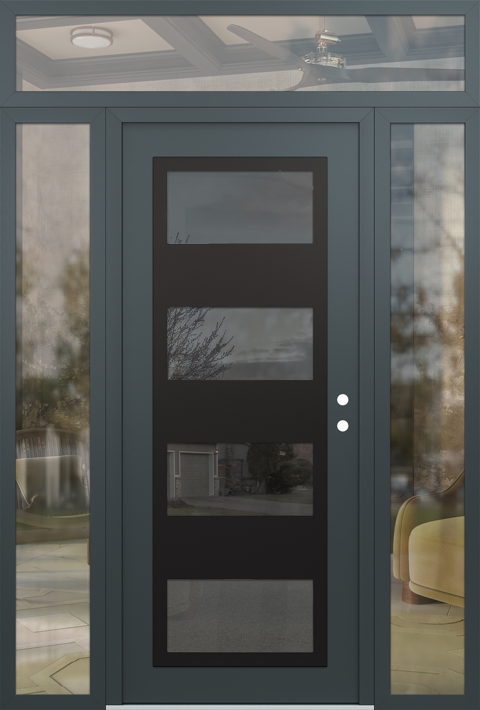 Modern Steel Front Door Diamond C2 60" x 96" anthracite/anthracite mirrored Glass Panel black LHI with 2 Sidelites and Transom clear Glass
