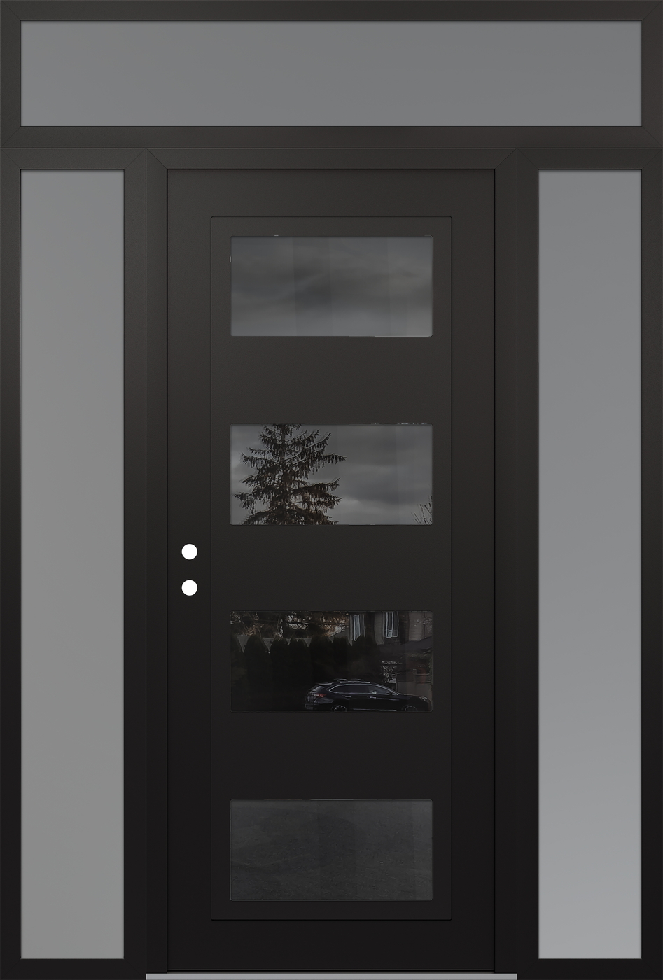 Modern Steel Front Door Diamond C2 60" x 96" black/black mirrored Glass Panel black RHI with 2 Sidelites and Transom frosted Glass