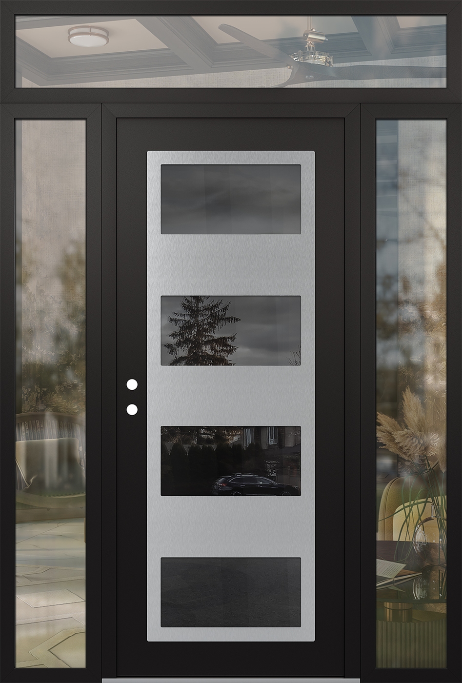 Modern Steel Front Door Diamond C2 60" x 96" black/black mirrored Glass Panel stainless steel RHI with 2 Sidelites and Transom clear Glass