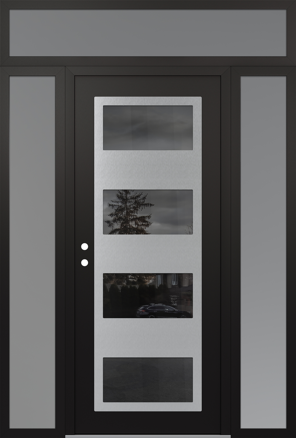 Modern Steel Front Door Diamond C2 60" x 96" black/black mirrored Glass Panel stainless steel RHI with 2 Sidelites and Transom frosted Glass