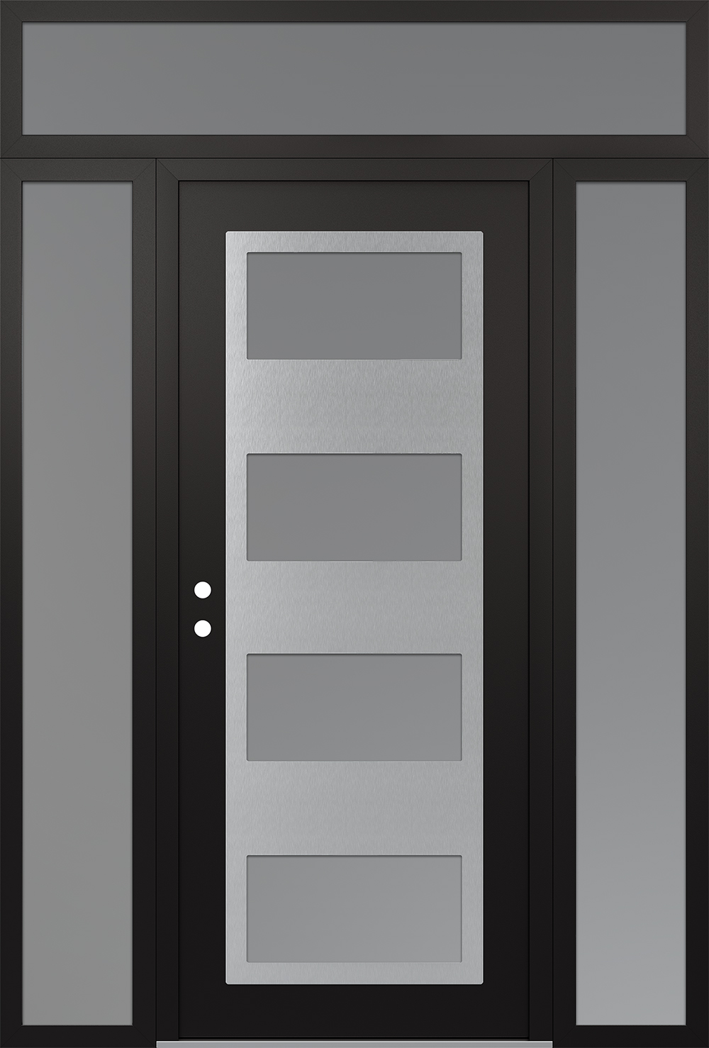 Modern Steel Front Door Diamond C2 60" x 96" black/white frosted Glass Panel stainless steel RHI with 2 Sidelites and Transom frosted Glass