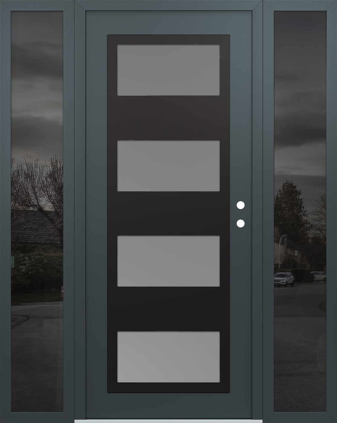 Modern Steel Front Door Diamond C2 64" x 80" anthracite/anthracite frosted Glass Panel black LHI with 2 Sidelites mirrored Glass