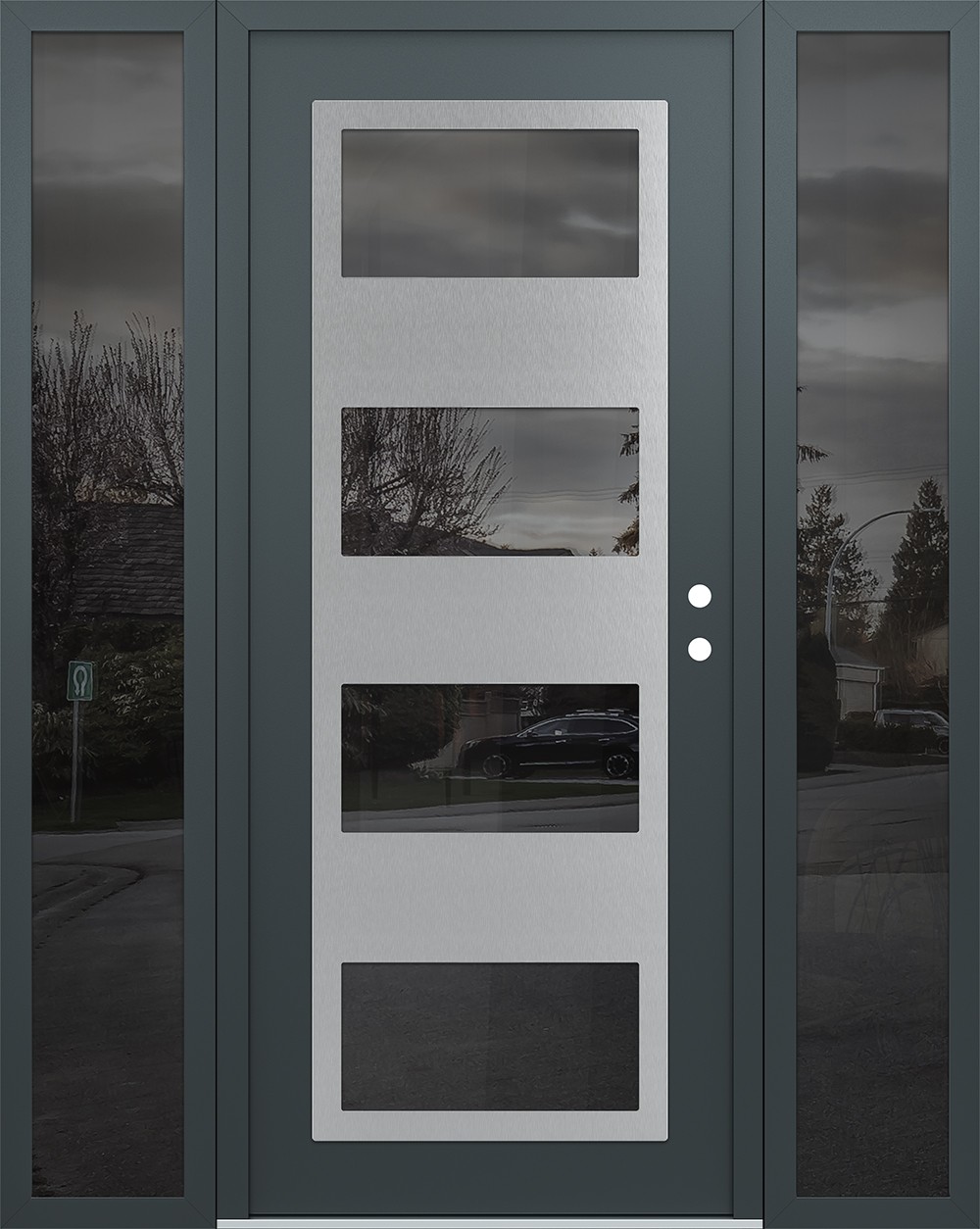 Modern Steel Front Door Diamond C2 64" x 80" anthracite/anthracite mirrored Glass Panel stainless steel LHI with 2 Sidelites mirrored Glass