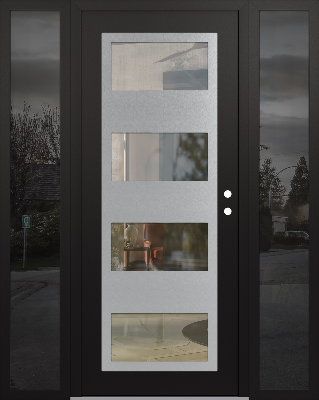 Modern Steel Front Door Diamond C2 64" x 80" black/black clear Glass Panel stainless steel LHI with 2 Sidelites mirrored Glass