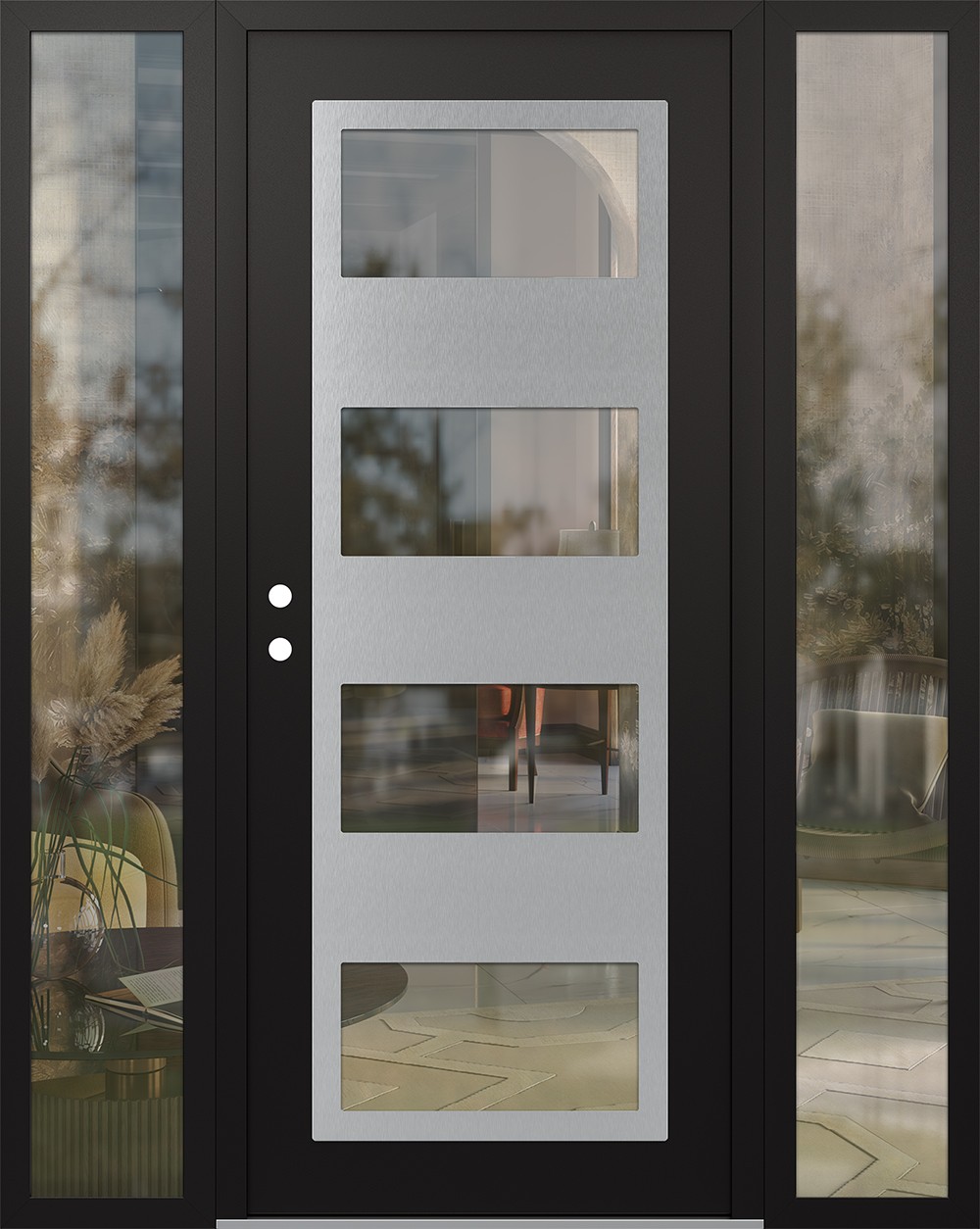 Modern Steel Front Door Diamond C2 64" x 80" black/black clear Glass Panel stainless steel RHI with 2 Sidelites clear Glass