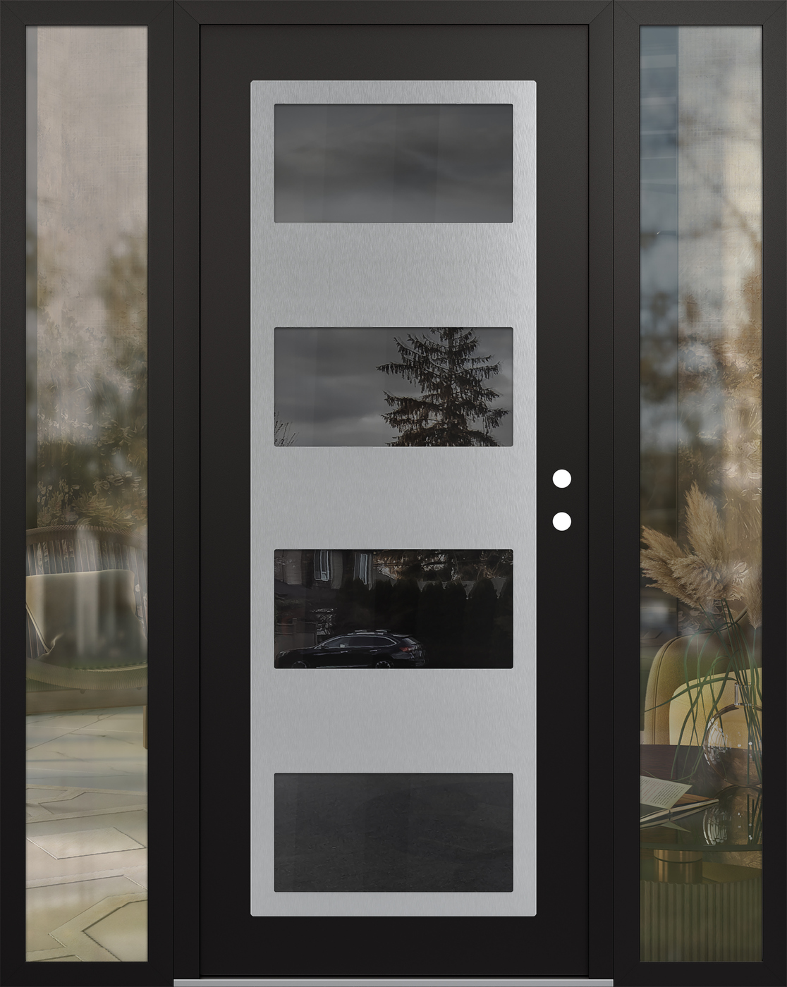 Modern Steel Front Door Diamond C2 64" x 80" black/black mirrored Glass Panel stainless steel LHI with 2 Sidelites clear Glass