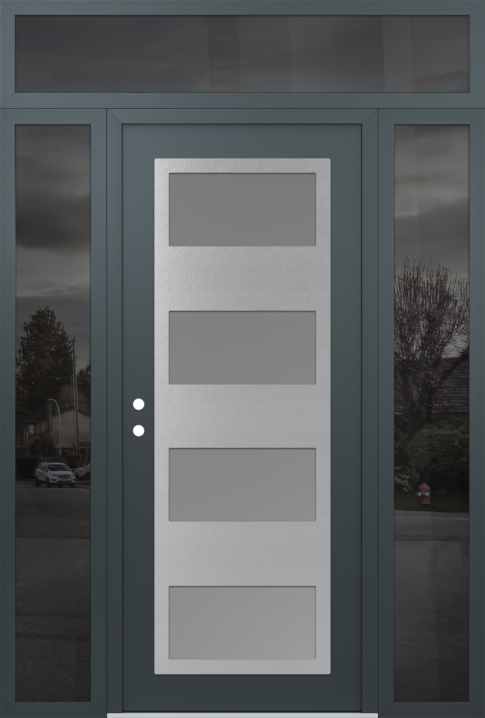 Modern Steel Front Door Diamond C2 64" x 96" anthracite/anthracite frosted Glass Panel stainless steel RHI with 2 Sidelites and Transom mirrored Glass