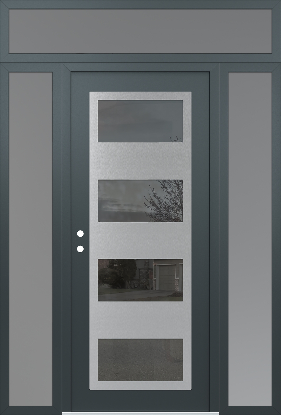 Modern Steel Front Door Diamond C2 64" x 96" anthracite/anthracite mirrored Glass Panel stainless steel RHI with 2 Sidelites and Transom frosted Glass
