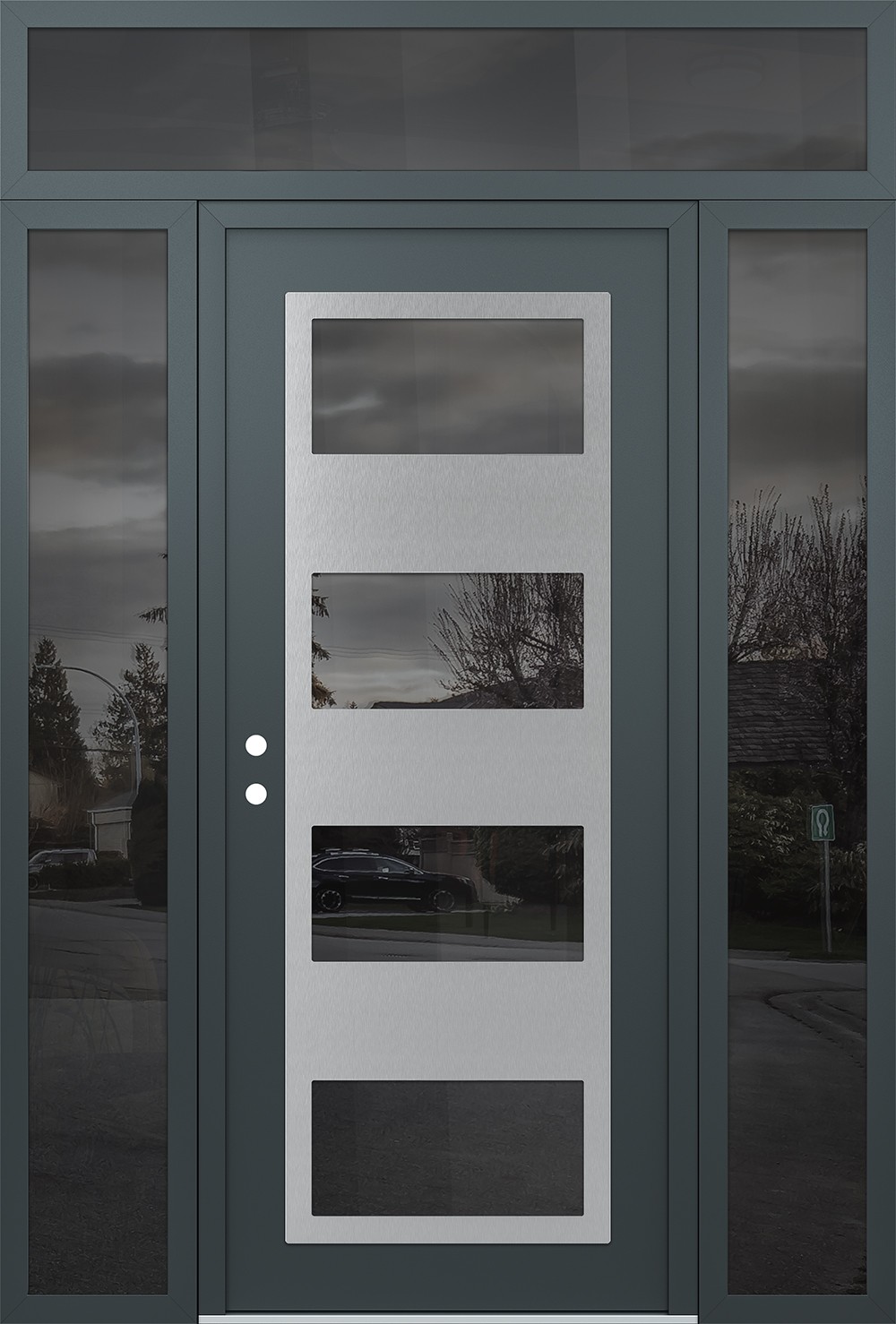 Modern Steel Front Door Diamond C2 64" x 96" anthracite/anthracite mirrored Glass Panel stainless steel RHI with 2 Sidelites and Transom mirrored Glass