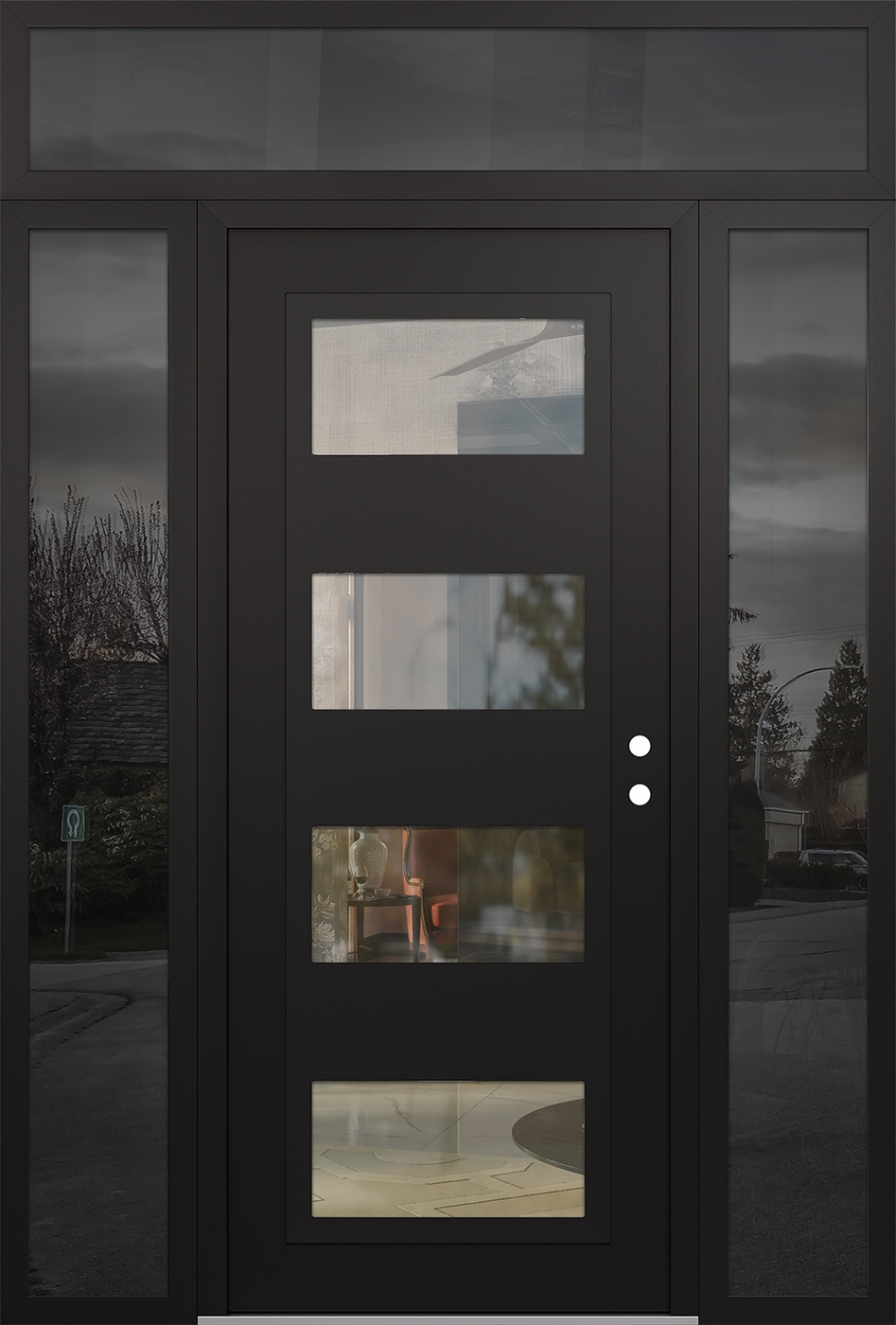 Modern Steel Front Door Diamond C2 64" x 96" black/black clear Glass Panel black LHI with 2 Sidelites and Transom mirrored Glass
