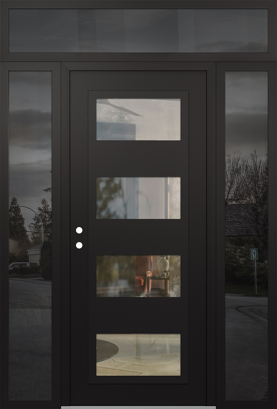 Modern Steel Front Door Diamond C2 64" x 96" black/black clear Glass Panel black RHI with 2 Sidelites and Transom mirrored Glass