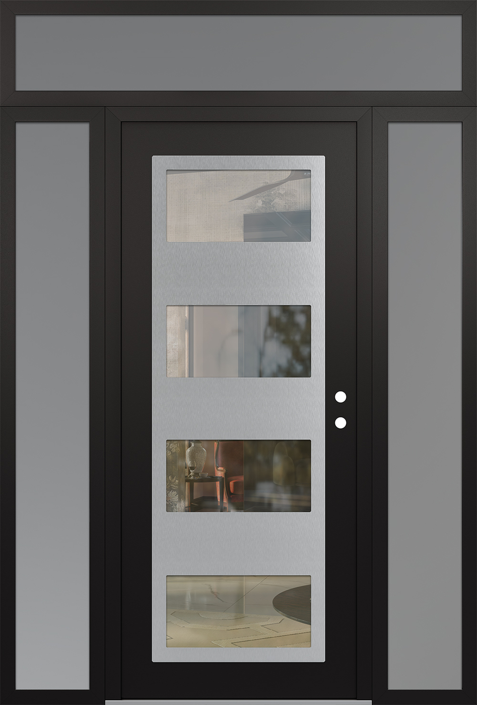 Modern Steel Front Door Diamond C2 64" x 96" black/black clear Glass Panel stainless steel LHI with 2 Sidelites and Transom frosted Glass