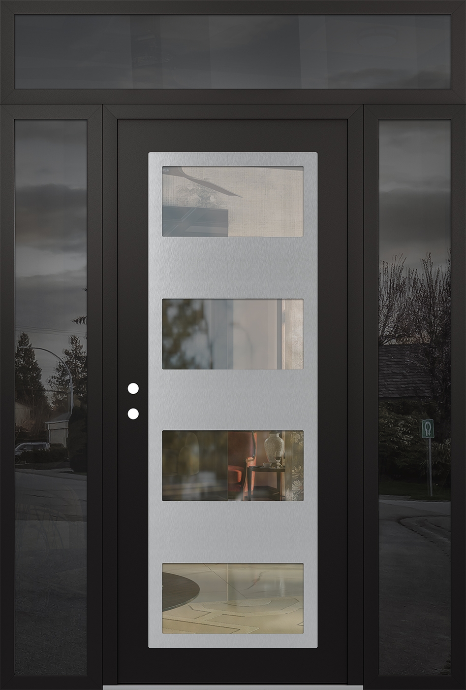 Modern Steel Front Door Diamond C2 64" x 96" black/black clear Glass Panel stainless steel RHI with 2 Sidelites and Transom mirrored Glass