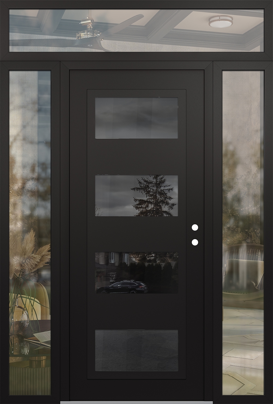 Modern Steel Front Door Diamond C2 64" x 96" black/black mirrored Glass Panel black LHI with 2 Sidelites and Transom clear Glass