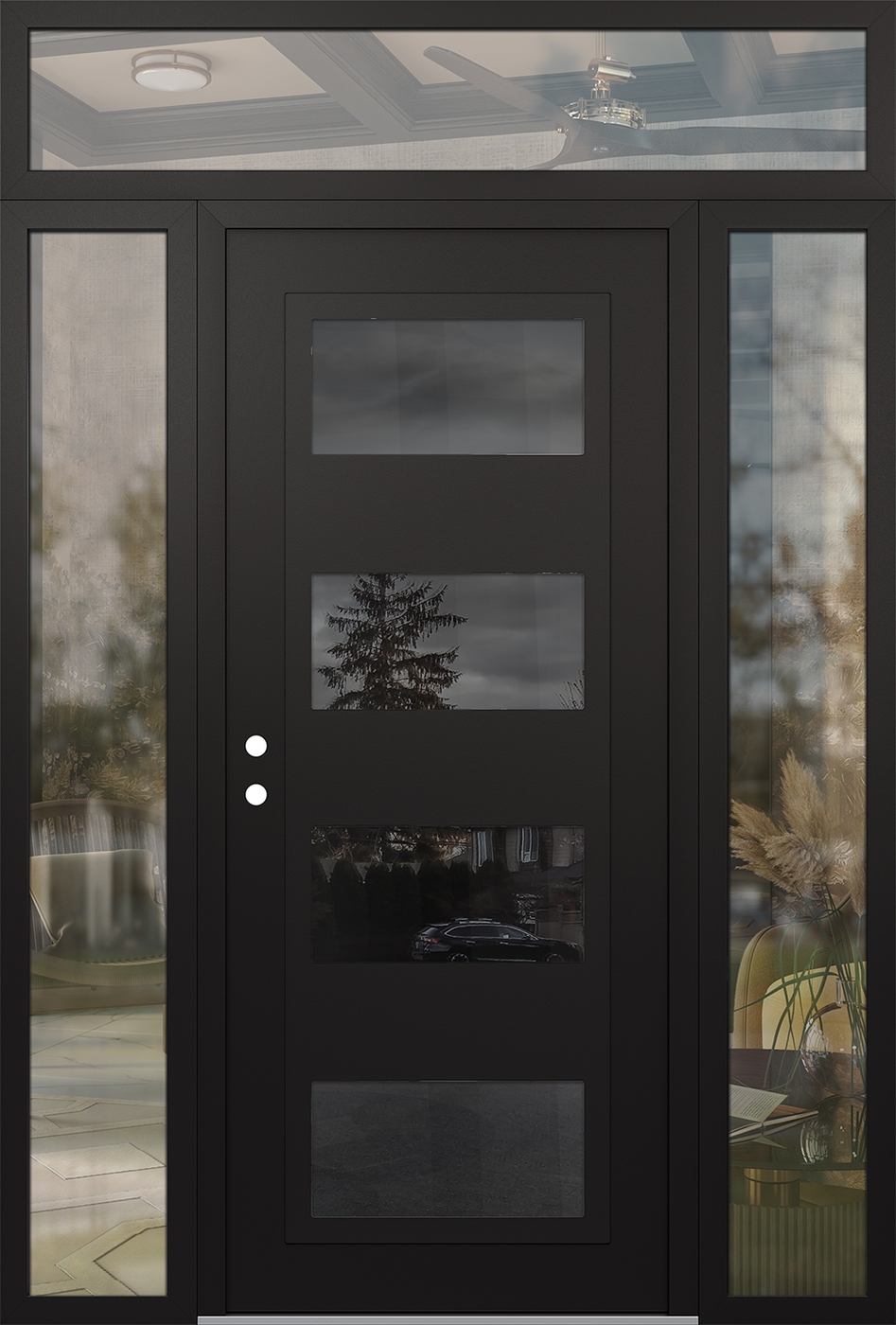 Modern Steel Front Door Diamond C2 64" x 96" black/black mirrored Glass Panel black RHI with 2 Sidelites and Transom clear Glass