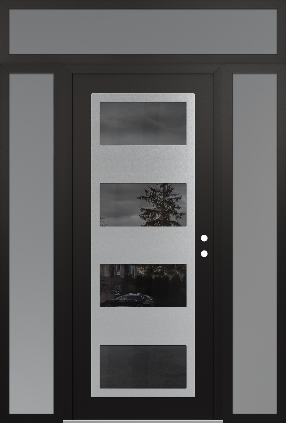 Modern Steel Front Door Diamond C2 64" x 96" black/black mirrored Glass Panel stainless steel LHI with 2 Sidelites and Transom frosted Glass
