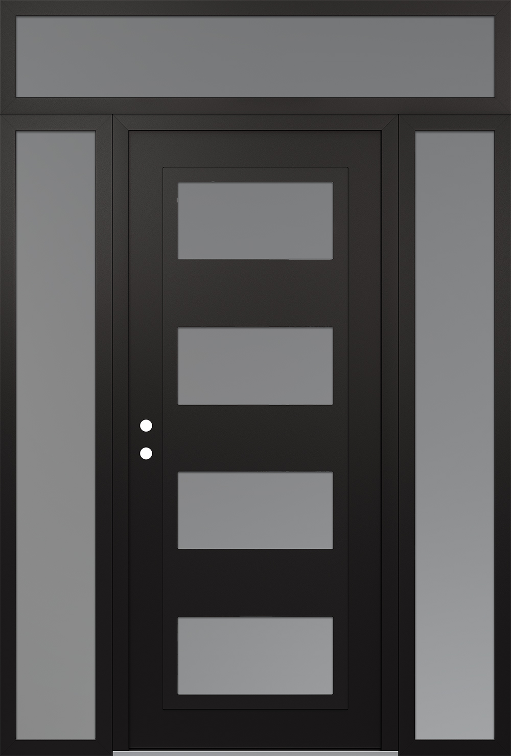 Modern Steel Front Door Diamond C2 64" x 96" black/white frosted Glass Panel black RHI with 2 Sidelites and Transom frosted Glass