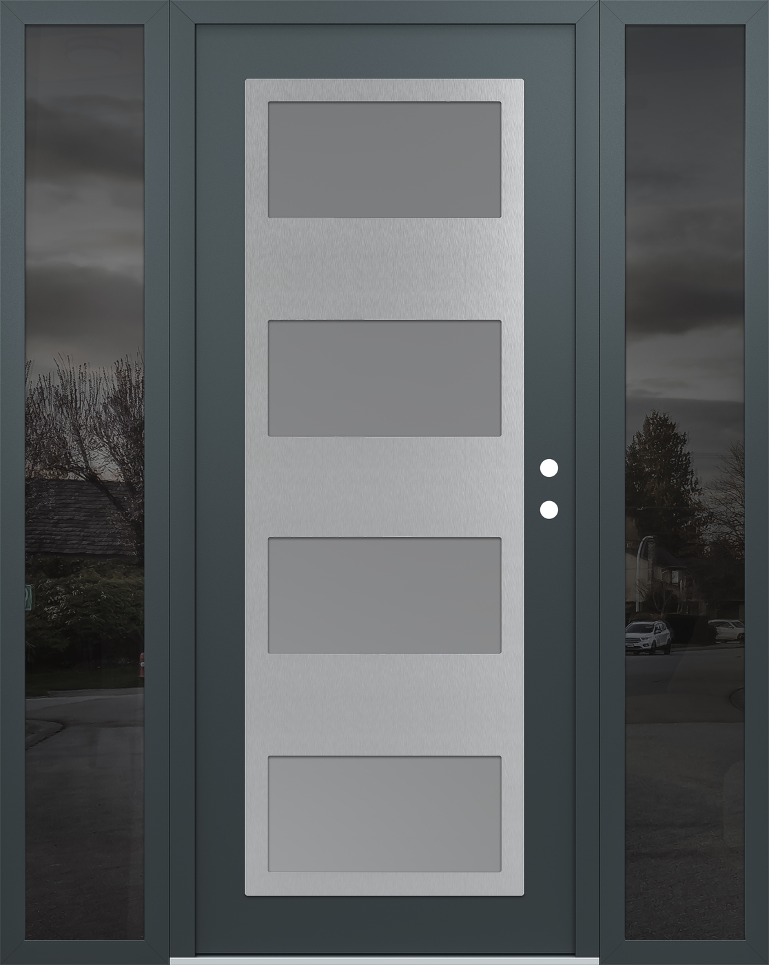 Modern Steel Front Door Diamond C2 68" x 80" anthracite/anthracite frosted Glass Panel stainless steel LHI with 2 Sidelites mirrored Glass