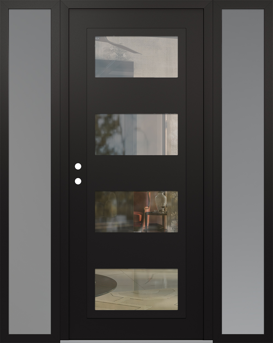 Modern Steel Front Door Diamond C2 68" x 80" black/black clear Glass Panel black RHI with 2 Sidelites frosted Glass