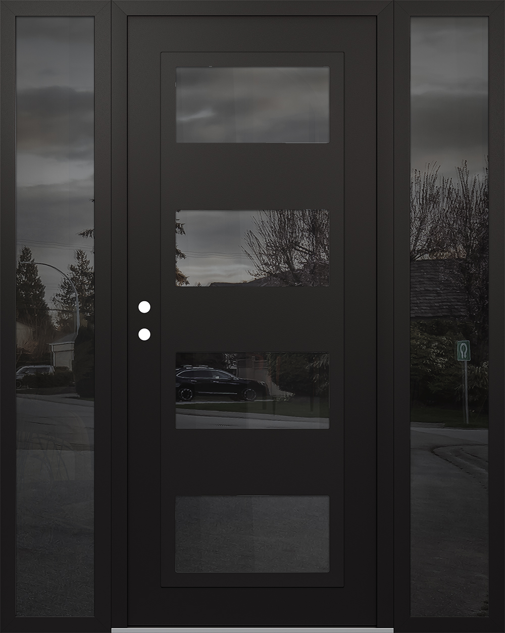 Modern Steel Front Door Diamond C2 68" x 80" black/black mirrored Glass Panel black RHI with 2 Sidelites mirrored Glass