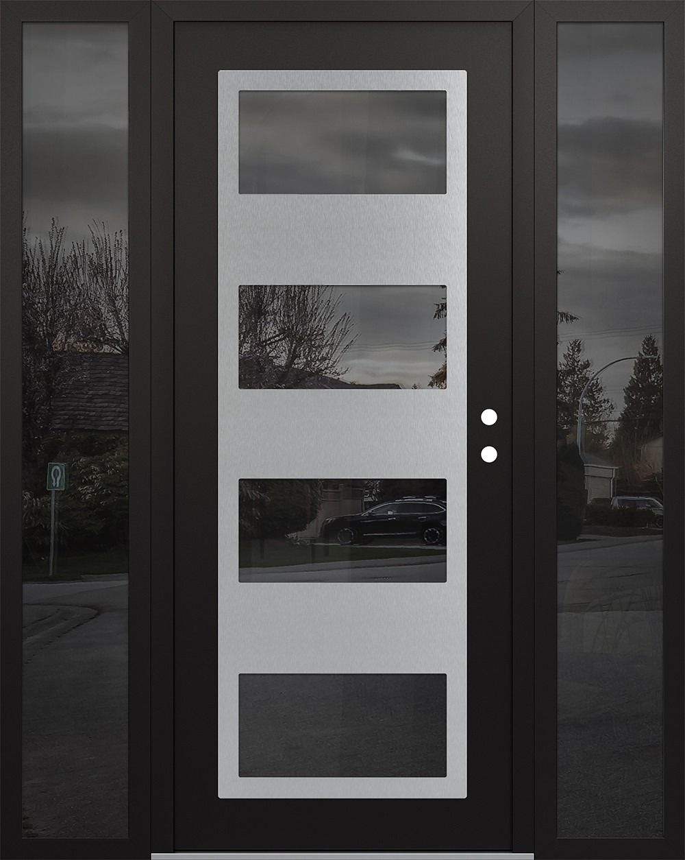 Modern Steel Front Door Diamond C2 68" x 80" black/black mirrored Glass Panel stainless steel LHI with 2 Sidelites mirrored Glass