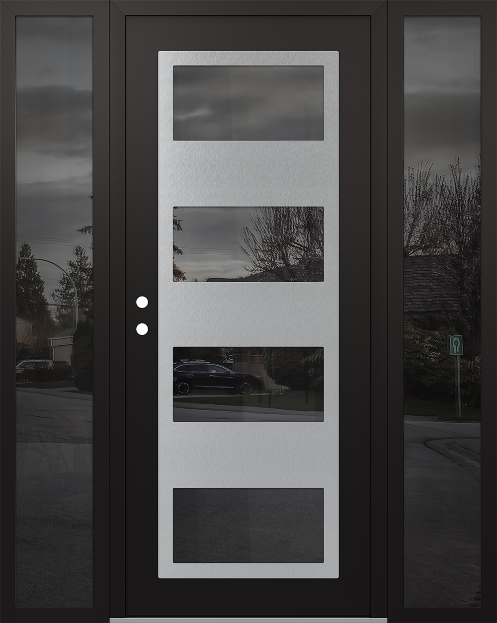 Modern Steel Front Door Diamond C2 68" x 80" black/black mirrored Glass Panel stainless steel RHI with 2 Sidelites mirrored Glass