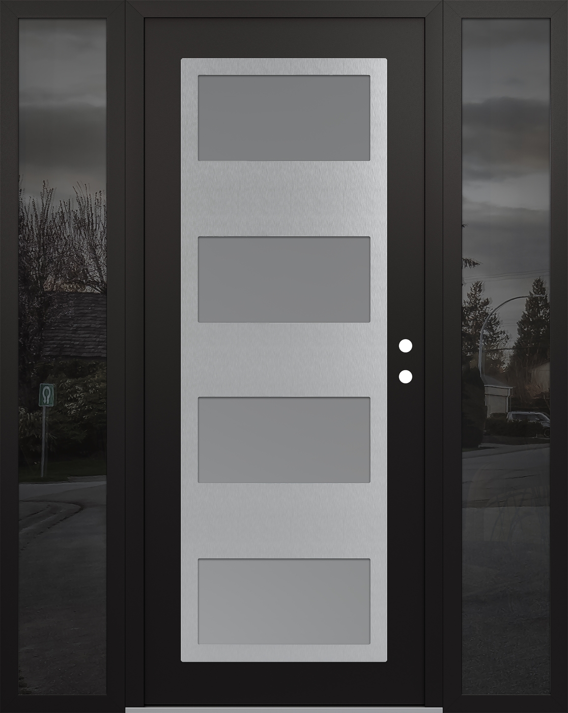 Modern Steel Front Door Diamond C2 68" x 80" black/white frosted Glass Panel stainless steel LHI with 2 Sidelites mirrored Glass