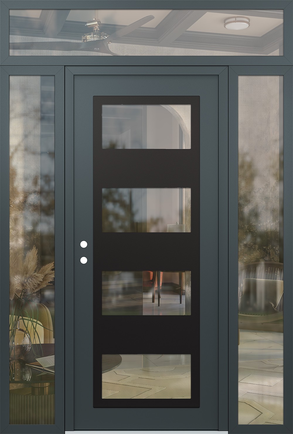 Modern Steel Front Door Diamond C2 68" x 96" anthracite/anthracite clear Glass Panel black RHI with 2 Sidelites and Transom clear Glass