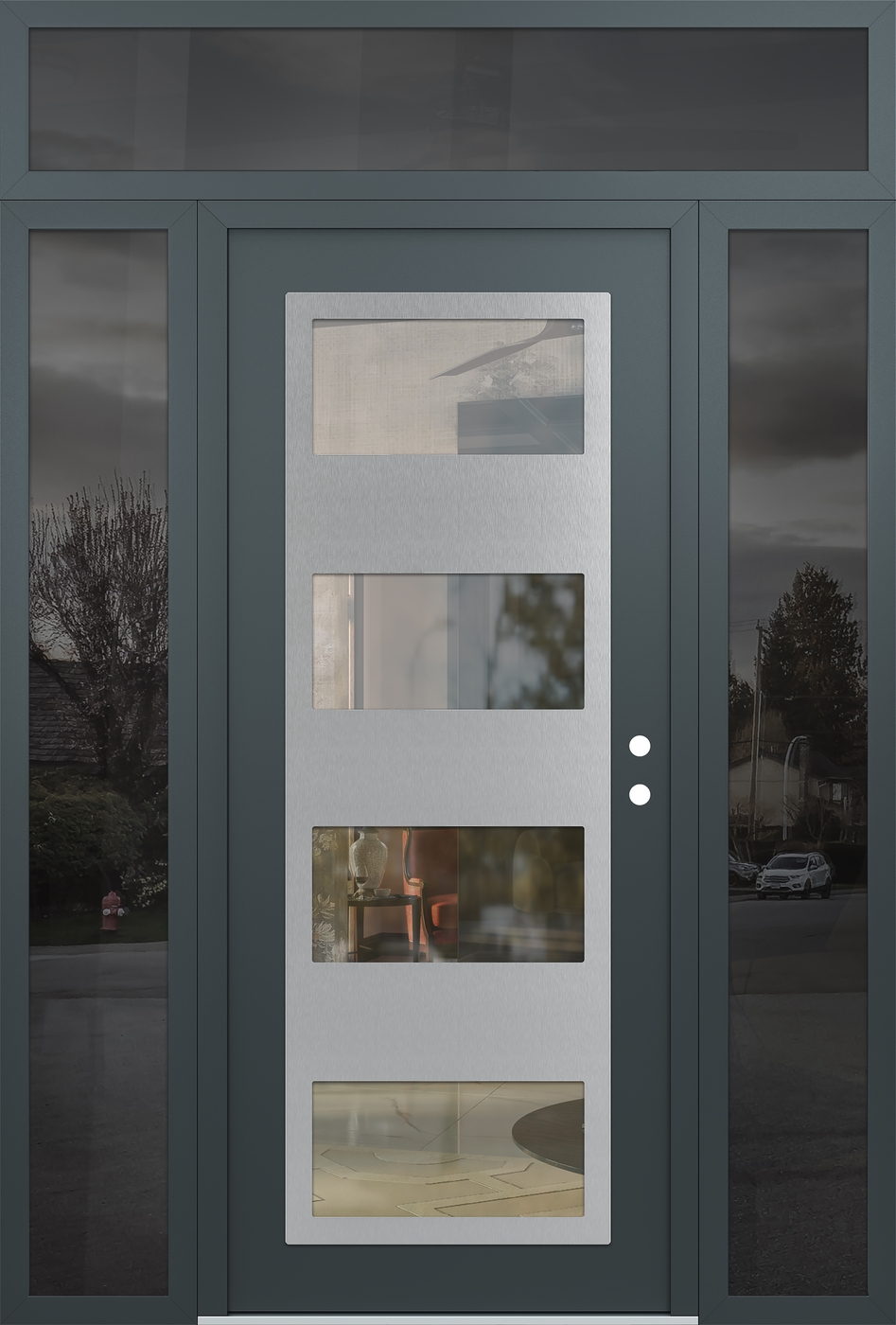 Modern Steel Front Door Diamond C2 68" x 96" anthracite/anthracite clear Glass Panel stainless steel LHI with 2 Sidelites and Transom mirrored Glass