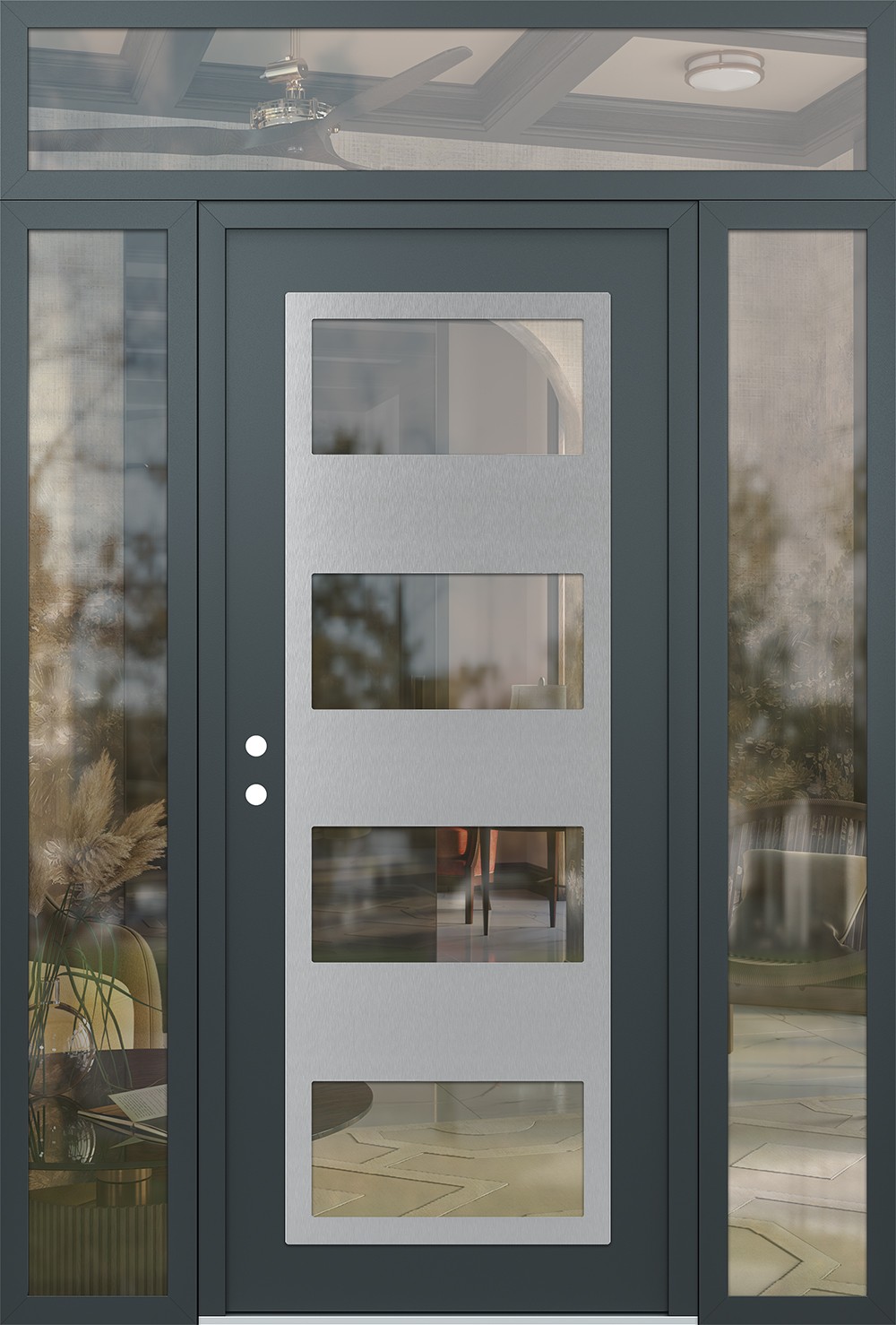 Modern Steel Front Door Diamond C2 68" x 96" anthracite/anthracite clear Glass Panel stainless steel RHI with 2 Sidelites and Transom clear Glass
