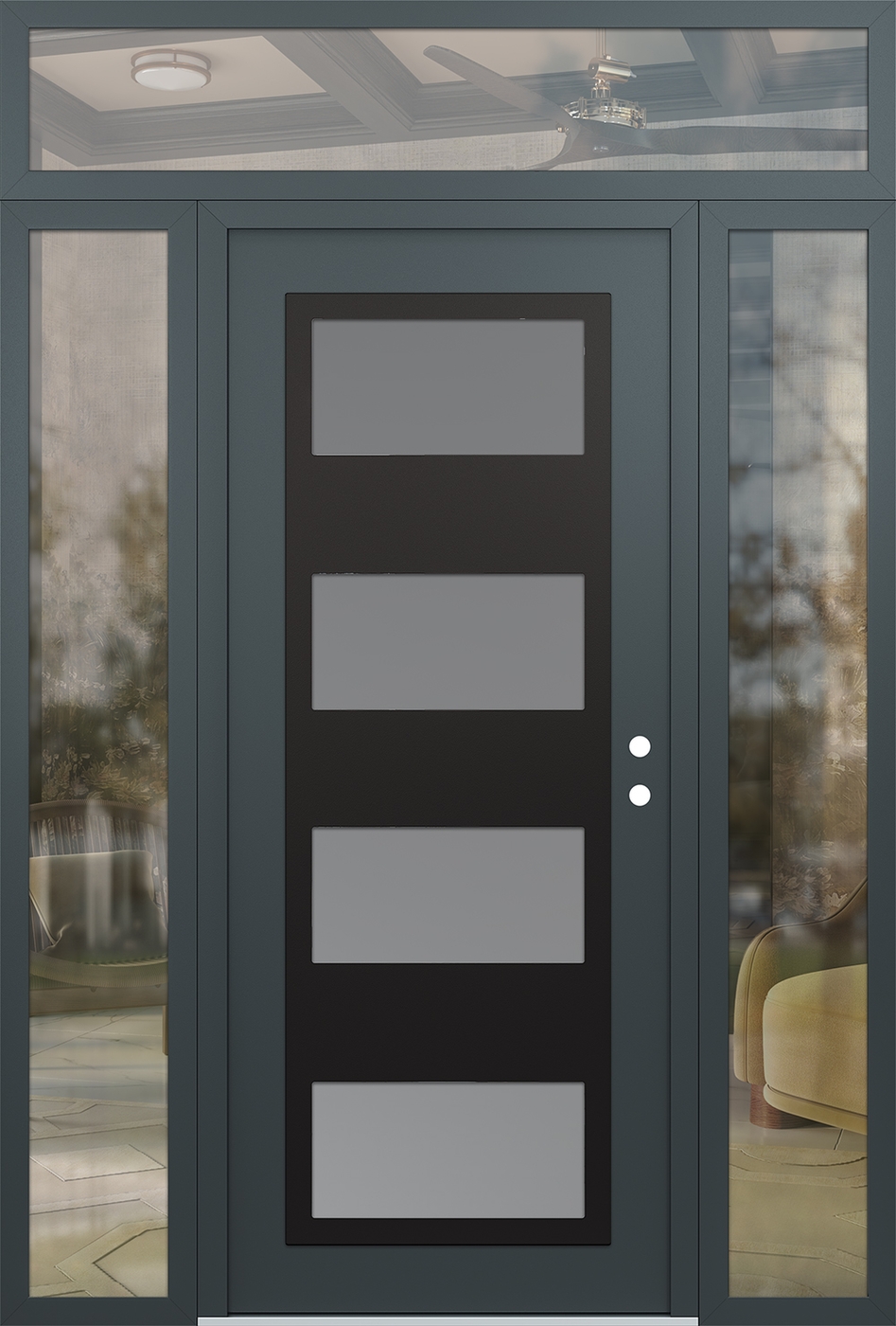 Modern Steel Front Door Diamond C2 68" x 96" anthracite/anthracite frosted Glass Panel black LHI with 2 Sidelites and Transom clear Glass