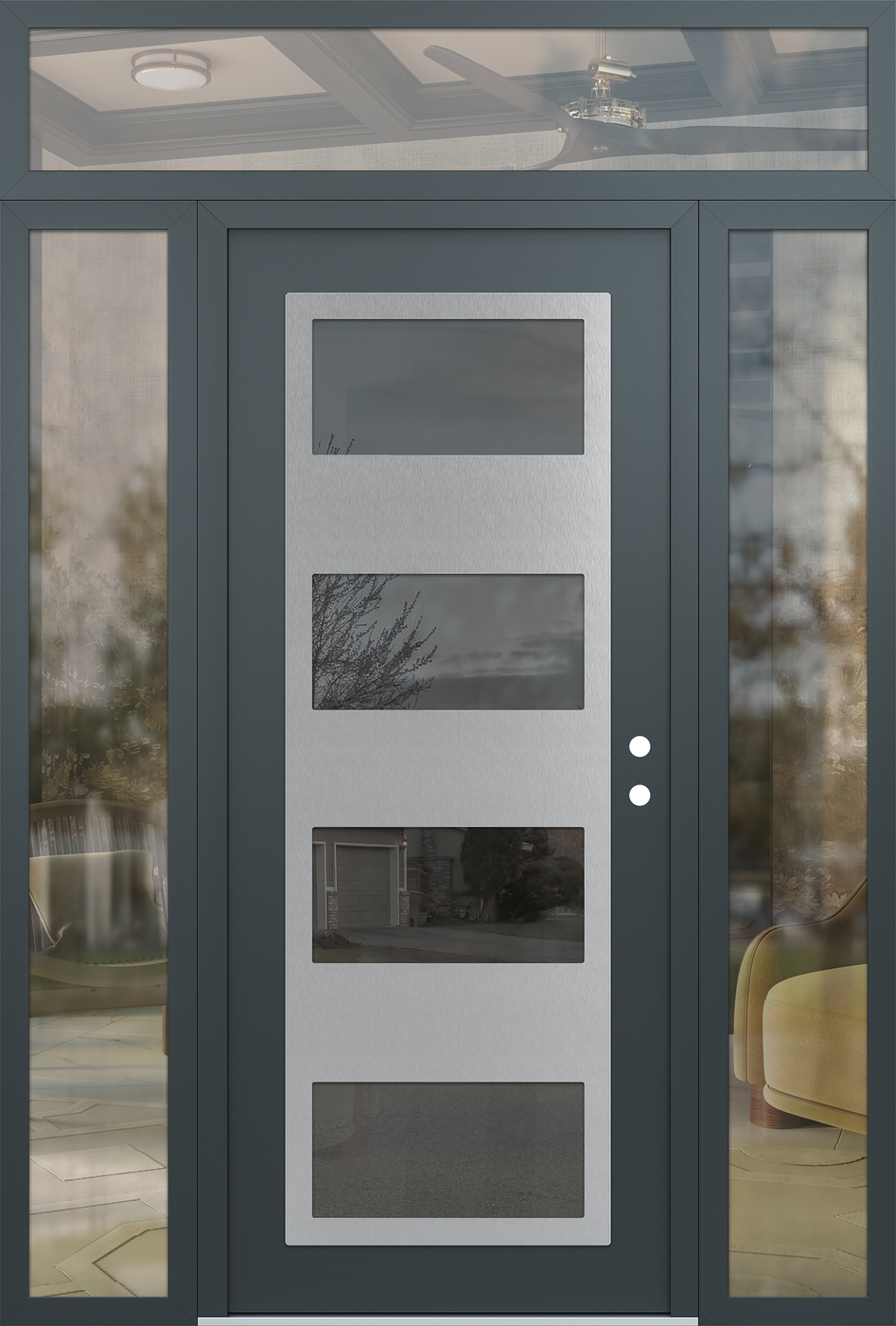 Modern Steel Front Door Diamond C2 68" x 96" anthracite/anthracite mirrored Glass Panel stainless steel LHI with 2 Sidelites and Transom clear Glass
