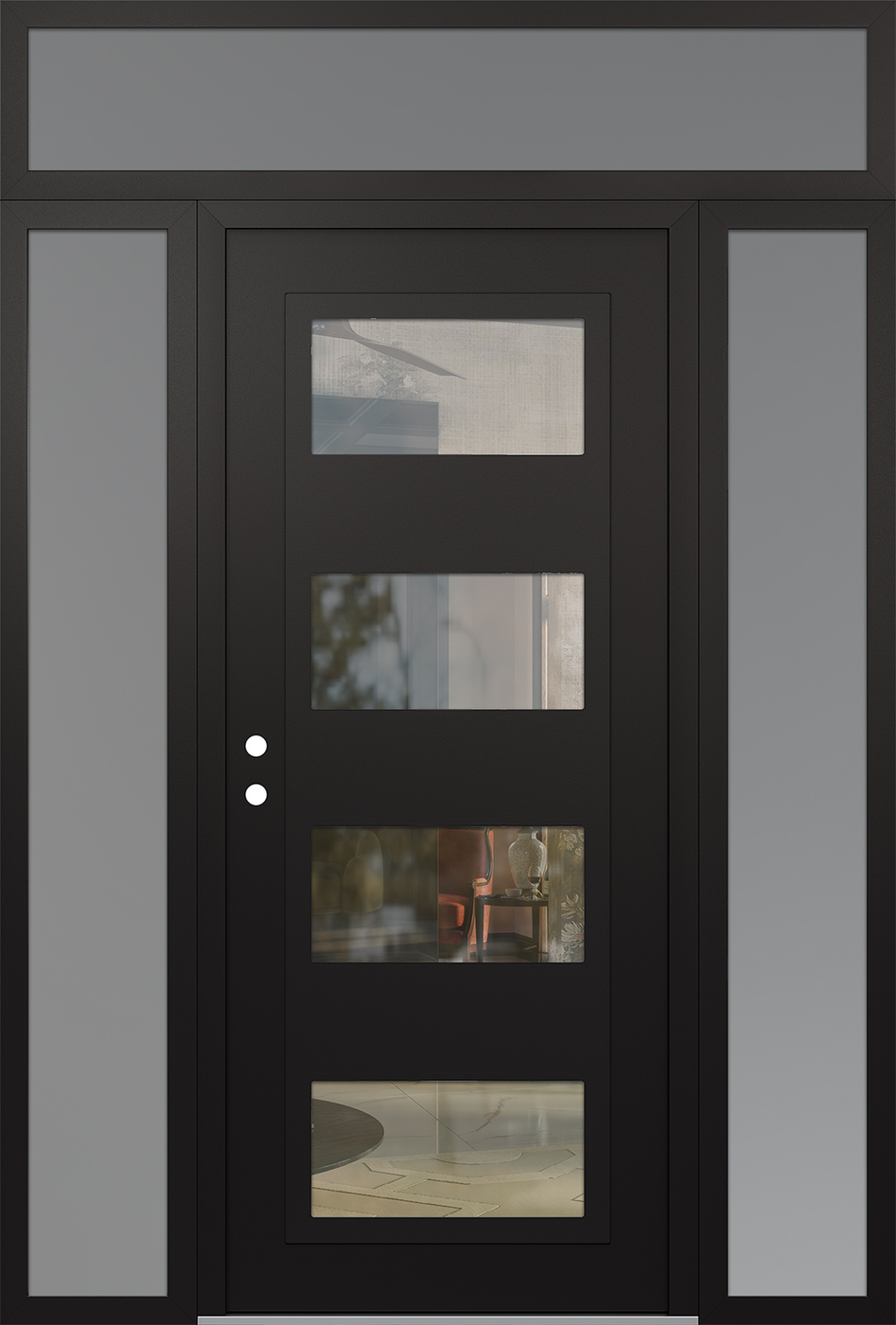 Modern Steel Front Door Diamond C2 68" x 96" black/black clear Glass Panel black RHI with 2 Sidelites and Transom frosted Glass