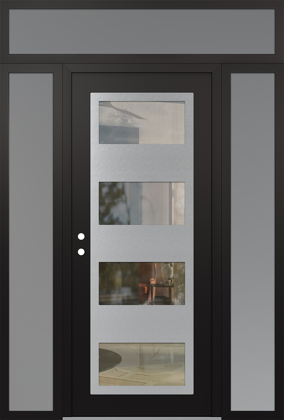Modern Steel Front Door Diamond C2 68" x 96" black/black clear Glass Panel stainless steel RHI with 2 Sidelites and Transom frosted Glass