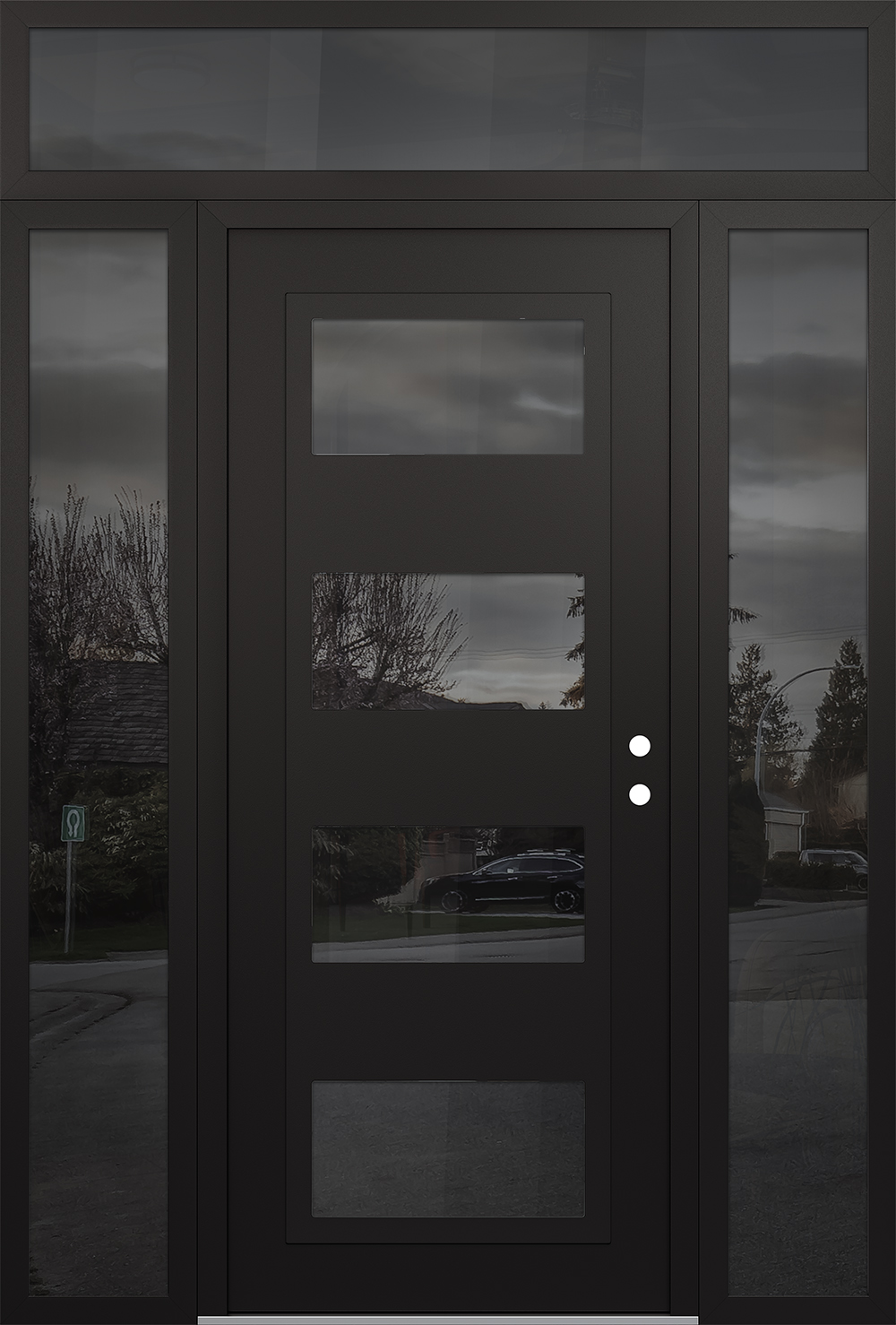 Modern Steel Front Door Diamond C2 68" x 96" black/black mirrored Glass Panel black LHI with 2 Sidelites and Transom mirrored Glass