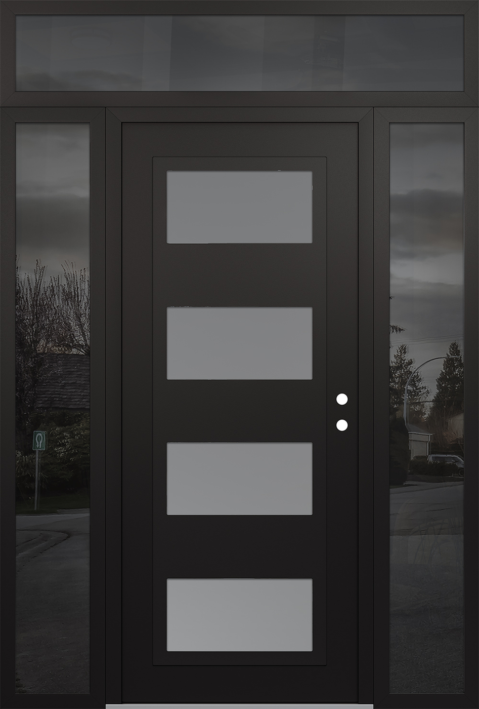Modern Steel Front Door Diamond C2 68" x 96" black/white frosted Glass Panel black LHI with 2 Sidelites and Transom mirrored Glass