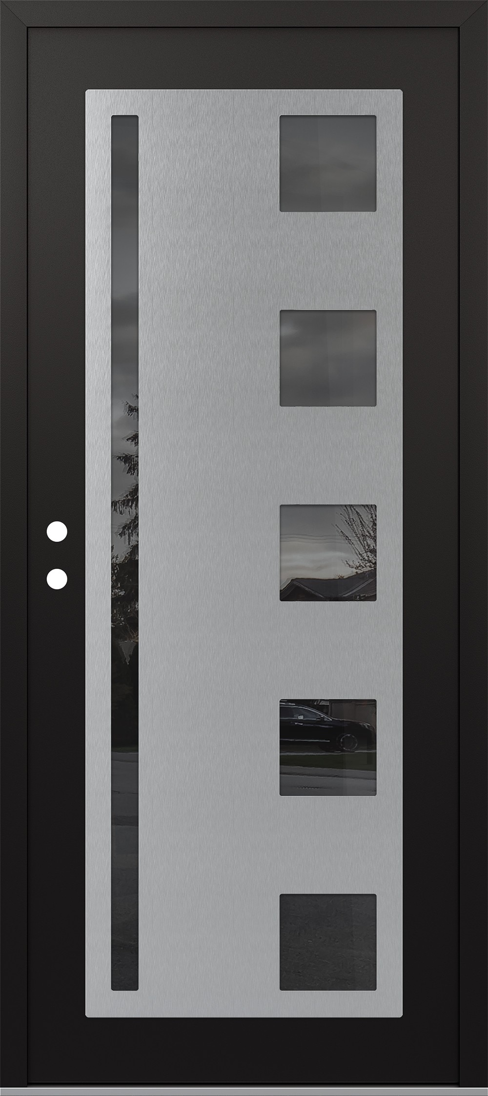 Modern Steel Front Door Diamond C3 36" x 80" black/black mirrored Glass Panel stainless steel RHI