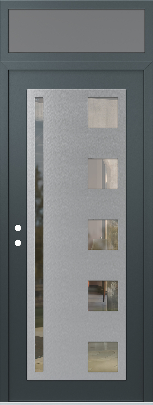 Modern Steel Front Door DIAMOND C3 36" X 96" ANTHRACITE/ANTHRACITE CLEAR GLASS PANEL STAINLESS STEEL RHI WITH TRANSOM FROSTED GLASS