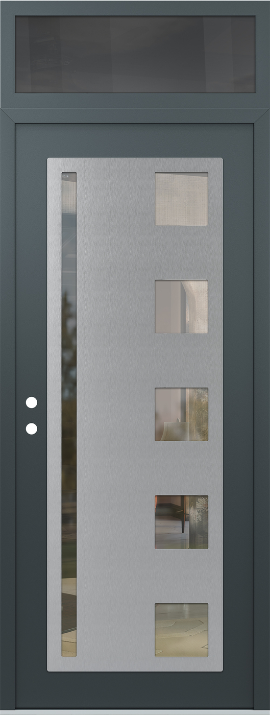 Modern Steel Front Door DIAMOND C3 36" X 96" ANTHRACITE/ANTHRACITE CLEAR GLASS PANEL STAINLESS STEEL RHI WITH TRANSOM MIRRORED GLASS