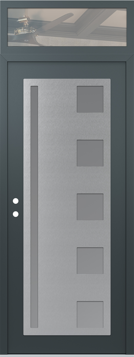 Modern Steel Front Door DIAMOND C3 36" X 96" ANTHRACITE/ANTHRACITE FROSTED GLASS PANEL STAINLESS STEEL RHI WITH TRANSOM CLEAR GLASS