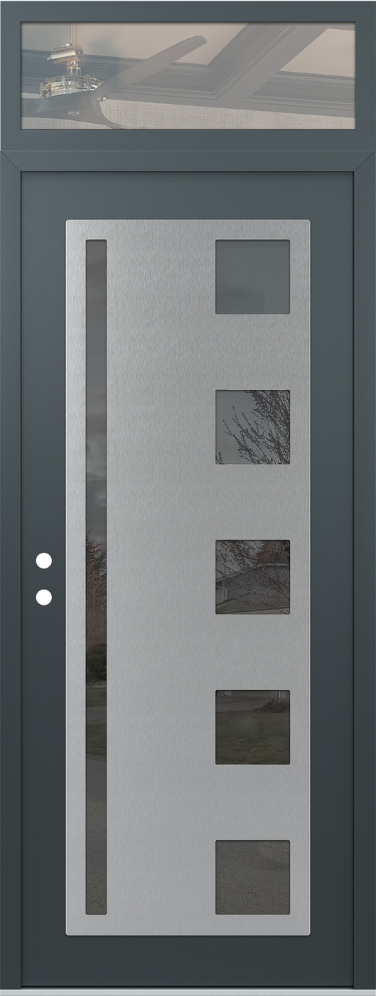 Modern Steel Front Door DIAMOND C3 36" X 96" ANTHRACITE/ANTHRACITE MIRRORED GLASS PANEL STAINLESS STEEL RHI WITH TRANSOM CLEAR GLASS