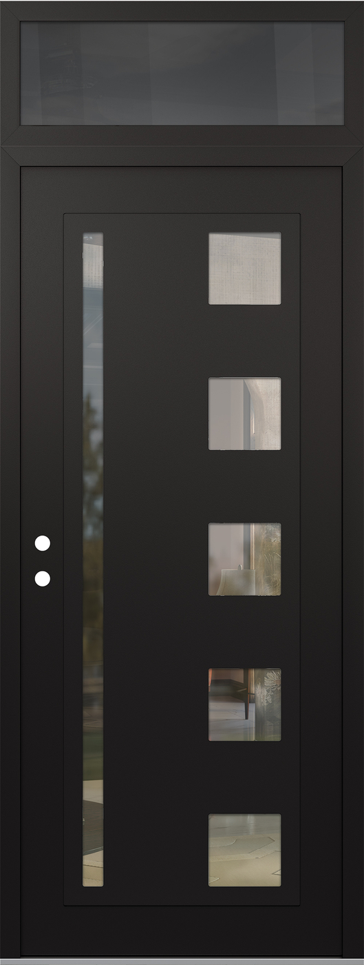 Modern Steel Front Door DIAMOND C3 36" X 96" BLACK/BLACK CLEAR GLASS PANEL BLACK RHI WITH TRANSOM MIRRORED GLASS
