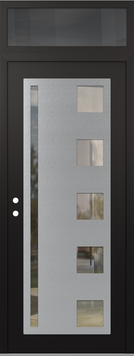 Modern Steel Front Door DIAMOND C3 36" X 96" BLACK/BLACK CLEAR GLASS PANEL STAINLESS STEEL RHI WITH TRANSOM MIRRORED GLASS