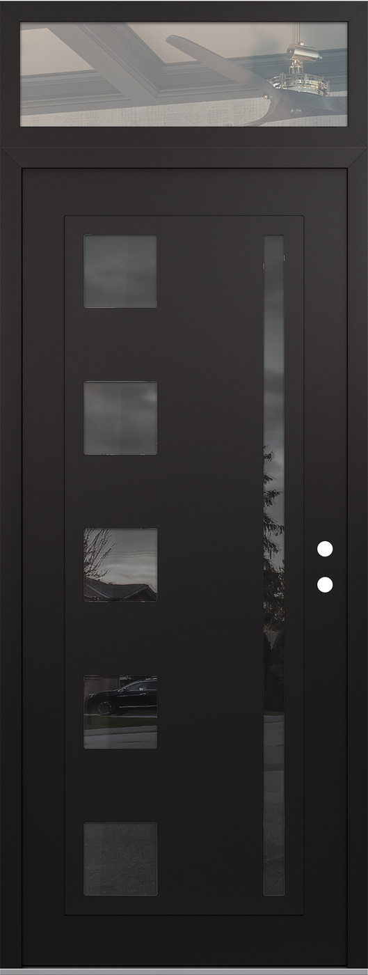 Modern Steel Front Door DIAMOND C3 36" X 96" BLACK/BLACK MIRRORED GLASS PANEL BLACK LHI WITH TRANSOM CLEAR GLASS
